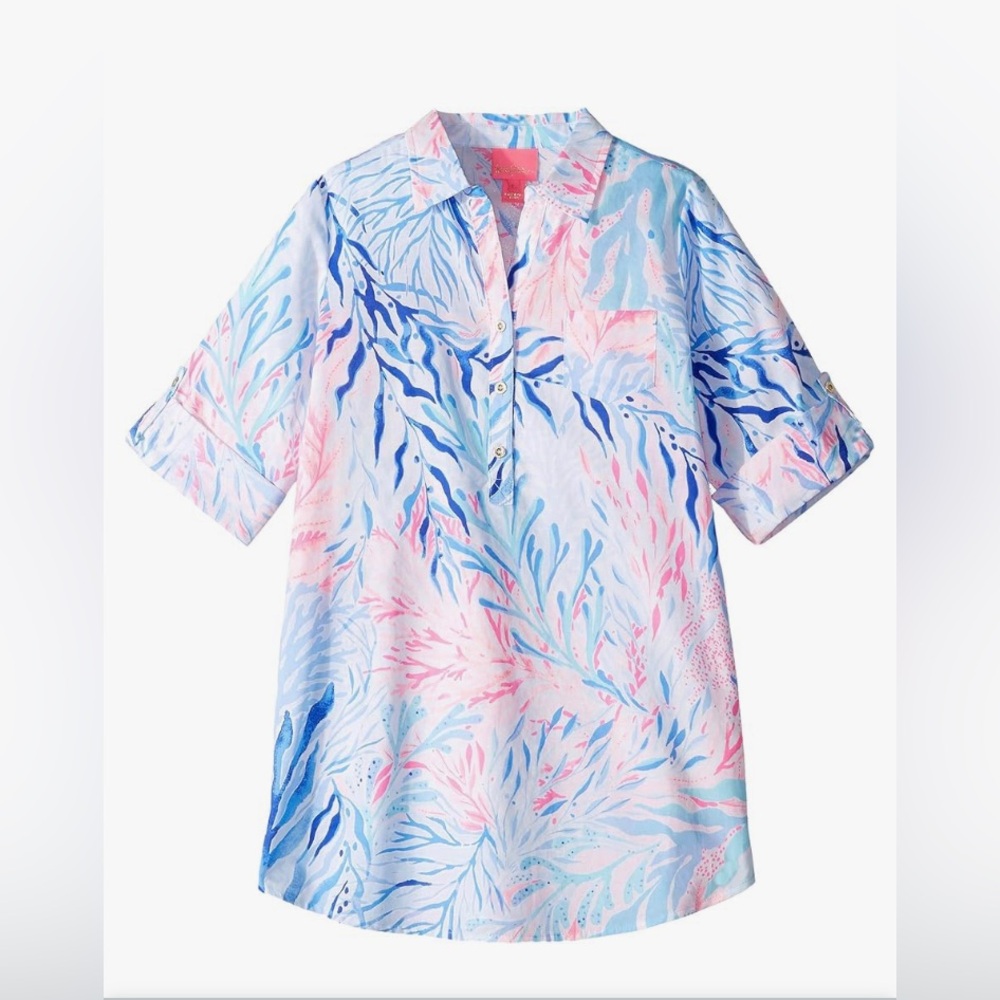 Lilly Pulitzer Natalie Cover-up Dress Crew Blue Tint kaleidoscope Coral XL Kids